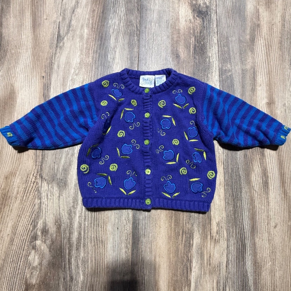 Vintage 2nd Step Cardigan Purple Floral Striped Cotton Knit Kidcore Sweater 12M